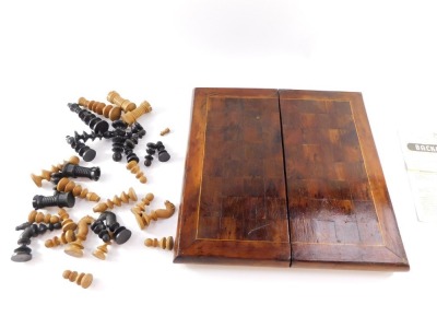 A late 19thC style turned wooden chess set, queen 89mm high, King 125mm high, contained within a stained yew wood and boxwood lined inlaid fold over chess board with internal backgammon board, 38cm wide, 37cm deep. - 2