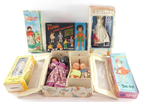 A Young Miss Geraldine fashion model doll, The Teen-age, Spears Flotti dress making set, Nisbet Royal Doulton collectors doll Ireland Doll Company fashion doll with secret money box, and further dolls, all boxed.  (a quantity)