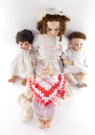 An Armand Marseille bisque head baby doll no. 351/4, Simon and Halbig bisque head crying doll no. 126 and two further bisque head dolls. (4, AF)