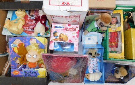 Dolls and soft toys, including Meerkats, a Paddington Bear, Pelham Gypsy puppet and a Berchet Magic Roundabout Florence and Dougal, some boxed. (a quantity)