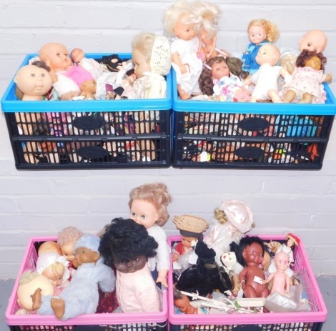 A large quantity of plastic dolls, baby dolls, models, pirate figure, Trolls figures, etc. (4 boxes)