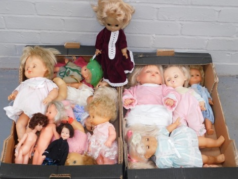 A group of dolls, mainly plastic limbed, to include some stamped England, Hong King, China and others. (2 boxes)