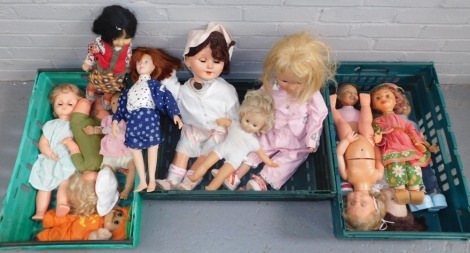 A group of collectors dolls, all plastic limbed, in varying dress, unmarked. (3 boxes)