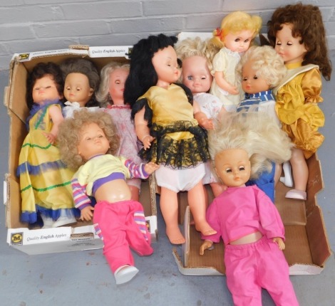 A group of collectors dolls, all plastic limbed, some with faint markings, in varying dress. (2 boxes)