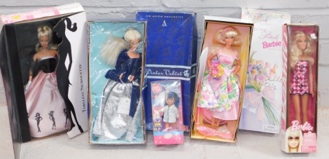 A group of Barbie and other collectors dolls, to include the Barbie Spring Petal Edition boxed, the Barbie Winter Velvet First in the Series Special Edition from Avon, the Barbie timeless silhouette, Barbie doll and a Shelly Club Jenny. (5)