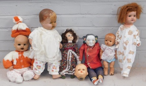 A group of papier mache and bisque faced dolls, all unmarked. (AF, 1 box)