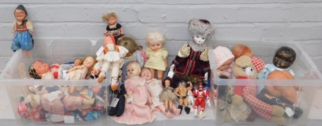 A quantity of dolls, mainly papier mache and plastic bodied, Transformer figures, etc. (2 boxes)