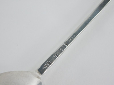 An early 18thC silver apostle spoon, modelled with a book or scroll, marks indistinct, maker RP, 1¼oz. - 5