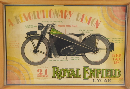 A poster for Royal Enfield Cycar, Trade Mark Made Like A Gun, a Revolutionary Design, framed and glazed, 48.5cm high, 74.5cm wide.   