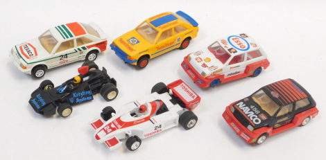 Five Scalextric rally and racing cars, together with Hornby Brabham racing car (6).