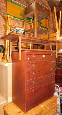 A melamine chest of drawers, teak coffee table, night stand, and a plant trough. (4) - 2