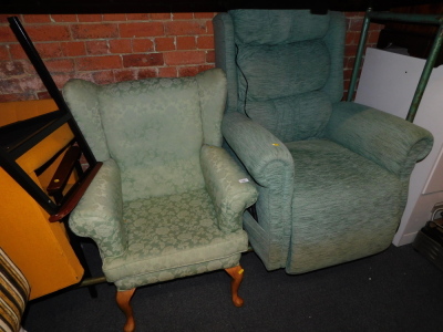 An electric reclining armchair, in green chenille, together with another armchair. (2) The upholstery in this lot does not comply with the 1988 (Fire & Fire Furnishing) Regulations, unless sold to a known exporter or upholsterer it will be cut from the fr