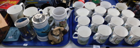 A group of Davenport and other Heroes of The Sky Edition mugs and tankards, a Cresley Collection Dawn Patrol pewter lidded tankard, pin dish, etc. (2 trays)