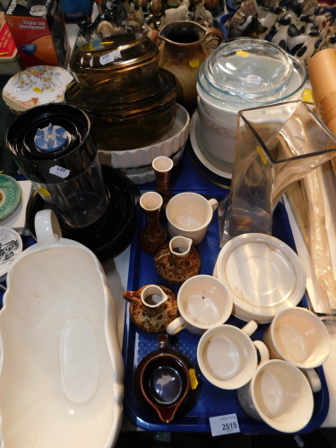 A group of kitchen wares, to include glass Pyrex bowls, mottled finish Beswick milk jug, glass vase, etc. (2 trays plus)