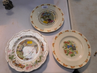 A group of Royal Doulton Bunnykins, comprising a Bunnykins Teacher's plate, a Bunnykins Celebrate Your Christening., and a Bramley Hedge The Birthday. (3)