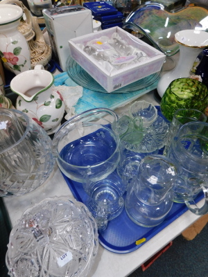 A group of glass ware, to include green glass goblet, a waved multi coloured design glass bowl, Golden Wedding set, glass place mats, etc. (a quantity)