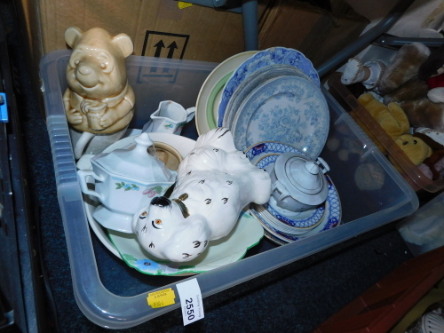 Blue and white wares, Winnie The Pooh cookie jar, Staffordshire style flatback spaniel, etc. (1 box)