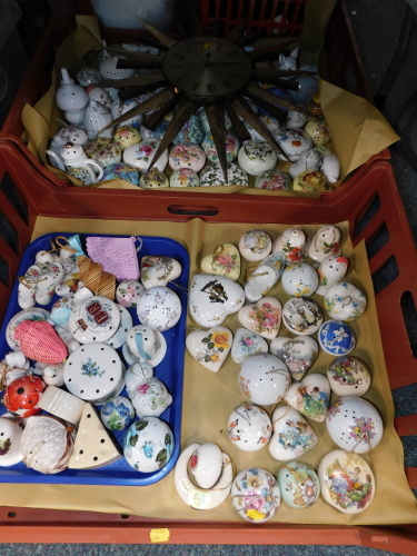 Porcelain pomanders, a sundial wall clock, etc. (2 boxes)