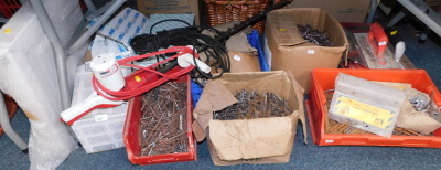 Tools and nails, loose boxes of rusty nails, Mentis and Addvent fitments, Woolsley Webb trimmer, etc. (all under one table)