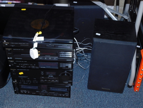 A Technics hi-fi stacking system, and a pair of speakers, comprising turntable system SL-J110R, disc player SL-PJ25, stereo tuner ST-X990L, integrated amplifier SU-X950, and double cassette deck RS-X950.