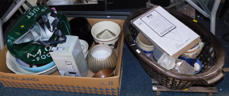China and effects, to include wash bowl, LED camping lantern, sled, basket, CD racks, posher, etc. (all under one table)