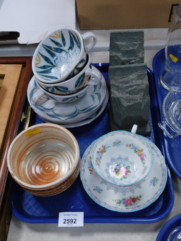 Ceramics and effects, to include a Shelley tea cup and saucers, a stoneware bowl, stoneware cups and saucers, two ornaments, etc. (1 tray)