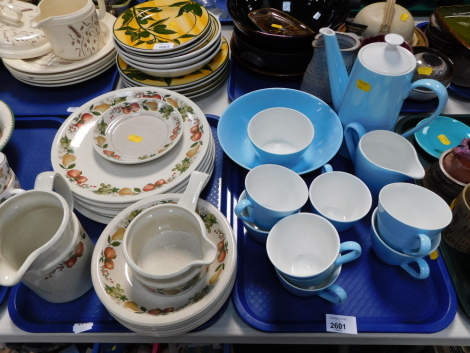 A Johnson Bros blue part service, and a Wedgwood part fruits and flowers service. (2 trays)