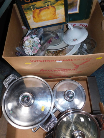 A group of kitchen wares, to include a part set of Berghaus pans, place mats, ornaments, etc. (2 boxes)