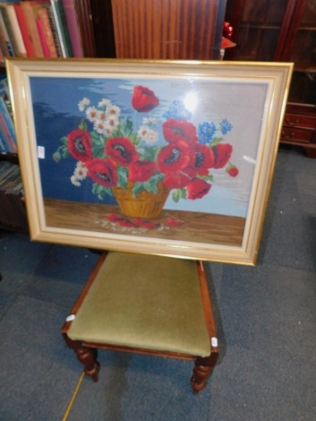 A framed wool work depicting a bowl of poppies, and a Victorian balloon back chair. (2)