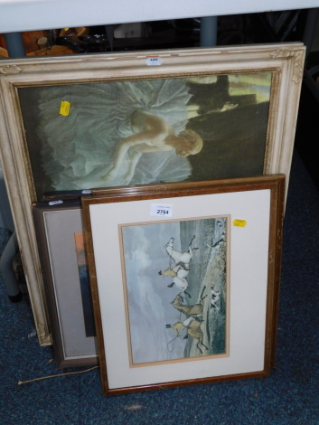 A print after Laura Knight of ballet dancers, hunting prints, and a wool work picture. (6)