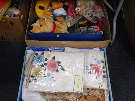 Soft toys, pet items, curtains and linen. (2 boxes)