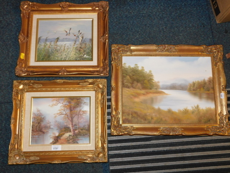 A river landscape by Cafieri, oil on canvas board, further oil painting of mallards in flight, and a river landscape. (3)