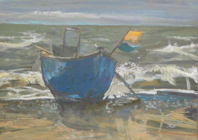 •Jason Richard Bowyer (b.1957). Last fishing boat, Sizewell, oil on panel, initialled, 31.5cm x 44.5cm. Gallery label verso. - 5