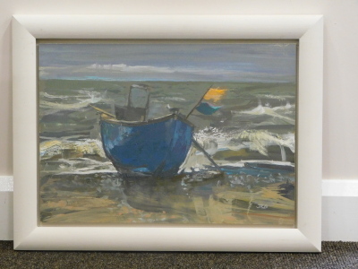 •Jason Richard Bowyer (b.1957). Last fishing boat, Sizewell, oil on panel, initialled, 31.5cm x 44.5cm. Gallery label verso. - 6