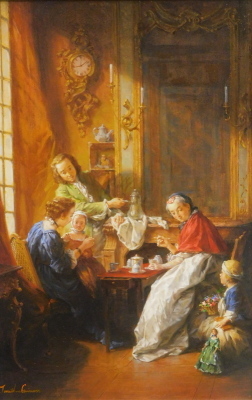 •Jonathan Guiness (20thC). The tea party, oil on board, signed, 60cm x 39cm. - 5