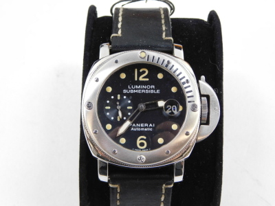 A Panerai Submersible gentleman's stainless steel cased wristwatch, Luminor submersible circular black dial bearing Arabic numerals at 12 and 6, subsidiary dial and date aperture, automatic movement, on a leather strap, with guarantee booklet and invoice, - 7