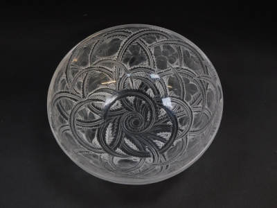 A Lalique frosted glass bowl decorated in the Pinsons pattern, etched marked, 23.5cm diameter. - 5