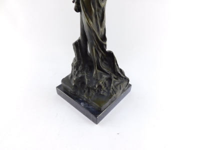 A bronze figure of Andromeda, modeled standing chained to a post, raised on a black marble base, 49cm high. - 7