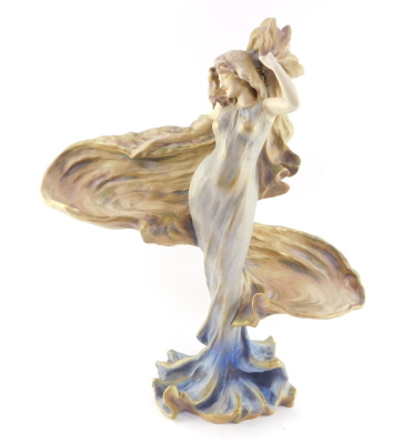 An Eduard Stellmacher Amphora late 19thC blush porcelain Art Nouveau figure, modelled as a standing woman enveloped in a swirling cape, signed, printed and impressed marks, 49cm high. - 7