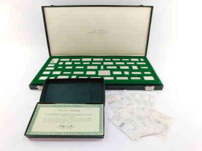 A Franklin Mint The Worlds Greatest Bank Notes silver ingot collection, first edition proof set, limited edition, cased with certificates. Auctioneer announce - two certificates not present. - 3