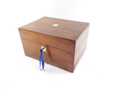 A Victorian rosewood fitted vanity box, containing cut glass bottles, jars and boxes with plated lids, the lid with mirror back, with key, 17cm high, 30cm wide, 22.5cm deep. - 10