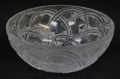 A Lalique frosted glass bowl decorated in the Pinsons pattern, etched marked, 23.5cm diameter.