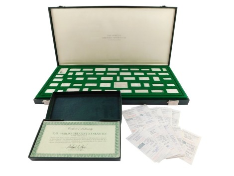 A Franklin Mint The Worlds Greatest Bank Notes silver ingot collection, first edition proof set, limited edition, cased with certificates. Auctioneer announce - two certificates not present.