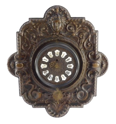 A French late 19thC copper cased cartel wall clock, circular dial with raised enamel Roman numerals, the movement by Eugene Farcot, the case embossed with the mask emblem of Louis XIV, scrolling vines and sea serpents, with pendulum, associated key, 49.5c