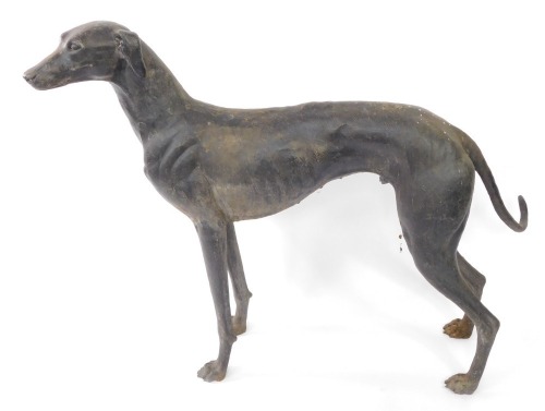 A large spelter figure of a greyhound, modelled in standing pose, head to the left, 95cm high, approximately 106cm wide.