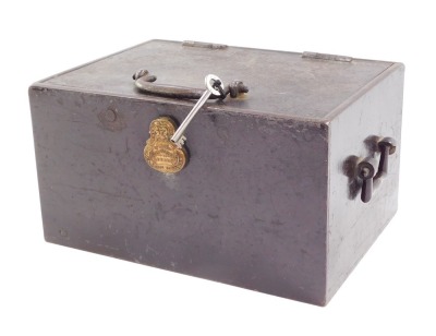 A Chubb cast iron portable safe, of rectangular section, with side handles and handle to the lid, plaque internally "Manufacturers, 57 St Paul's Churchyard London", external lock plate "128 Queen Street Victoria London", mechanism bearing number 244985, w