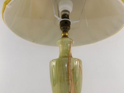 An onyx and brass table lamp, of baluster vase shape form, raised on a square base, with shade, 63cm high. - 2