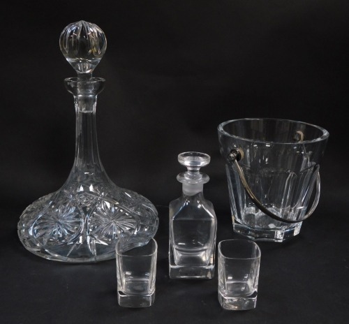 A Baccarat cut glass ice bucket, with a swing metal handle, etched mark, together with a cut glass whiskey decanter and stopper, and a Burns crystal whiskey decanter and pair of glasses etched with the ship Oriana. (5, AF)
