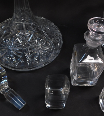 A Baccarat cut glass ice bucket, with a swing metal handle, etched mark, together with a cut glass whiskey decanter and stopper, and a Burns crystal whiskey decanter and pair of glasses etched with the ship Oriana. (5, AF) - 2