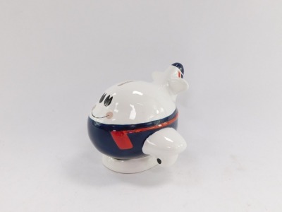 A British Airways pottery novelty money box, modelled as a cartoon jumbo jet, circa 1987, printed marks, 14.5cm wide. (AF) - 2